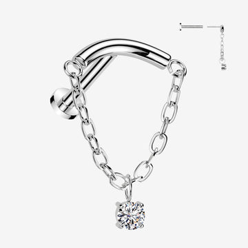 Implant Grade Titanium OneFit Threadless Chained Curved Bar Sparkle Top Flat Back Labret-Clear Gem